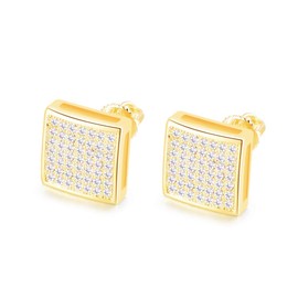 Charlinliol Hiphop Iced out 925 Sterling Silver with Prong Setting 49 CZ Stones 18K Gold Plated Square-Shaped Ear Studs For Men and Women