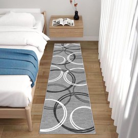 YUFANUHO 2x8 Feet Washable Modern Grey Runner Rug, Ultra Soft Low Pile Faux Wool Rug Abstract Line-Design Runner Rugs 2x8 for Hallway, Bedroom, Non-Slip Bedside Rugs 2'x8', Grey/Black/White