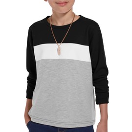 Haloumoning Boys Long Sleeve Shirts Kids Fashion Fall Tops Crewneck Color Block Tees 5-14Y Black