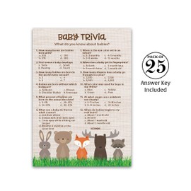 WOODLAND ANIMALS Baby Shower Game — BABY TRIVIA Game — Pack of 25 — Country Rustic GENDER NEUTRAL Baby Shower Games, FALL Outdoors Baby Shower Games, Fun Baby Facts Game Baby Shower Activity G601-TRV