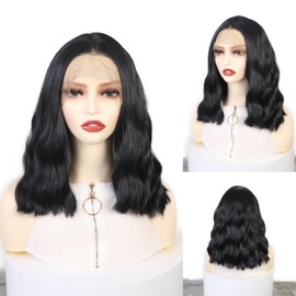 WXHWCX Black Bob Curly Wig Synthetic Lace Front Wig Middle Part Lace Wigs 14Inch Synthetic Hair Wig for Women Cosplay Party Wig