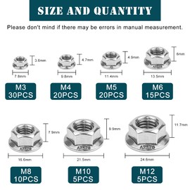 QIMEI-SHOP Flange Nuts Stainless Steel Self-Locking Nuts M3 M4 M5 M6 M8 M10 M12 Hex Nuts with Locking Toothing According to DIN 6923 Nuts Assortment Kit 105 Pieces