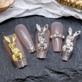 18 pcs 3D Alloy Rabbit Punk Cute Nail Charms, Luxury Alloy Crystal Rhinestones Nail Decor for Women Acrylic Nail Art DIY Nail Designs（golden/silver）