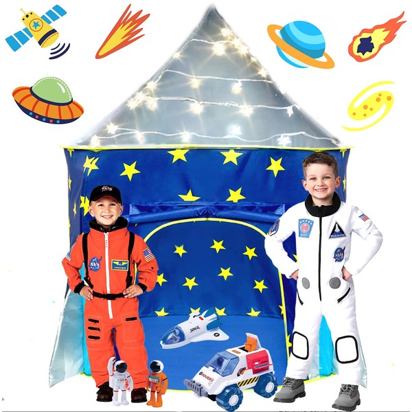 LimitlessFunN Kids Rocket Ship Tent with Star Lights & Carrying Case for Boys & Girls, Indoor & Outdoor
