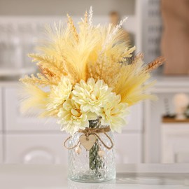 VAIPI Artificial Flowers with Vase White Fake Flowers in Vase Coffee Table Decor Faux Dahlia Pampas Grass Bouquet Floral Arrangements for Home CoffeeTable Decor Dining Table Centerpiece