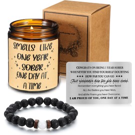 Nuanchu Sobriety Gifts for Men Women 1 Year Sober Gifts Beaded Bracelets Sober Candle Stainless Steel Sobriety Cards Anniversary 12 Months Milestone Addiction Recovery Presents for Recovering Him Her