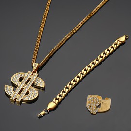 Acruccen 80s 90s Accessories Outfit for Men Hip Hop Costume Kit Gold Sunglasses Dollar Money Sign Necklace Rings Adjustable Gold Chain Bracelet Disco Themed Party Outfits