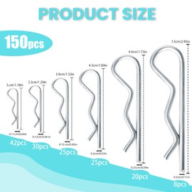 150 PCS Cotter Pin Assortment Kit, 6 Sizes Stainless Steel Cotter Pins & R Clips, Heavy Duty Pin Clips, Lock Pins for Small Engine, Automotive, Cars and Trucks