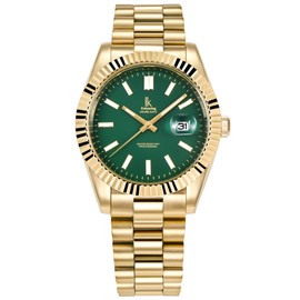 Alienwork IK Watch Men Women Calendar Metal Bracelet, Gold/green/metal band gold, Bracelet