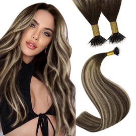 YoungSee Nano Ring Hair Extensions Brown Nano Beads Hair Extensions Human Hair Balayage Dark Brown with Ash Blonde Nano Hair Extensions Brown Nano Tips Hair Extensions Ombre Cold Fusion 18inch 50s 50g