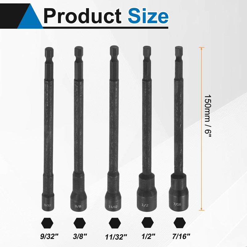 HARFINGTON 5pcs Nut Driver Drill Bit Set 3/8,7/16,9/32,11/32,1/2 Inch Socket