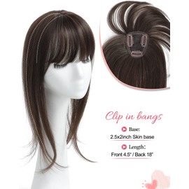 Molefi 18 Inch 360° Cover Hair Toppers for Women, Hair Topper Brown Clip in Bangs for Women Synthetic Mini Hair Topper with Bangs Hair Clip on Bangs French Bangs Bangs Clip in Hair Pieces for Women