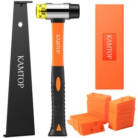 Kamtop 63 Pieces Laminate Wood Flooring Installation Tool Kit, Laminate Flooring Repair Kit, Floor Fitting Tool, Double-Faced Mallet, Rubber Tapping Block, Heavy Duty Pull Bar, 60 Floor Spacers