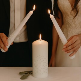 Magik Life Unity Candle Set - Wedding Ceremony & Reception – 6” Pillar & Two 10” Taper Candles – Long Burning Unity Candles for Marriage Ritual – Handmade in USA – White| Pearls