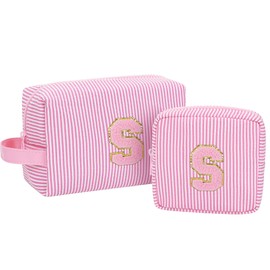 MONSTINA Initial Makeup Bags for Women|Cosmetic Bag for Travel Toiletry - Birthday Gifts for 11 12 13 14 15 16 17 18 Years Old Girls- Graduation Teen Girl Gifts Trendy Stuff Teacher Gift,2PCS,Pink S