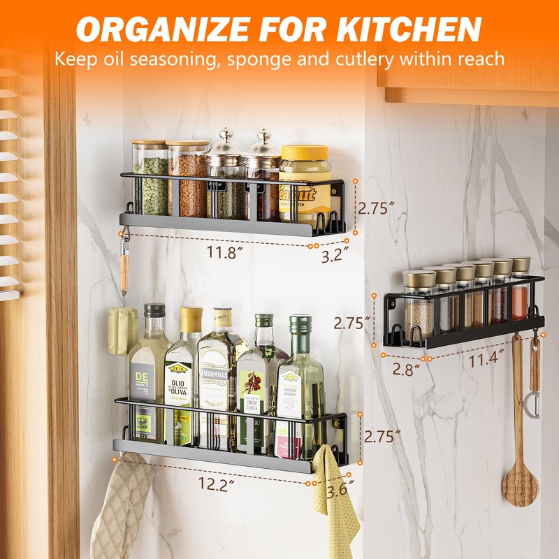 Bunoxea Spice Rack Wall Mounted 3 Pack, Space-Saving Spice Organizer