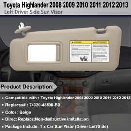 Driver Left Side Sun Visor Replacement Compatible with Toyota Highlander 2008 2009 2010 2011 2012 2013 Replaces# 74320-48500-B0 Color Beige