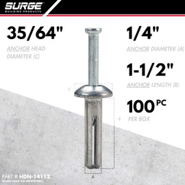 Surge BP - 1/4" x 1-1/2" MH Hammer Drive Nail in Concrete Anchor with Carbon Steel Nail | Fasteners for Concrete, Block, and Brick (100/BOX)