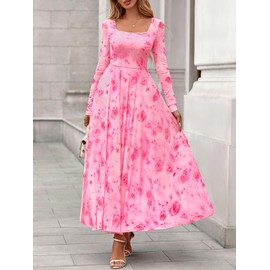 BTFBM Women Maxi Dress Fall 2025 Fashion Elegant Long Sleeve Square Neck Floral Print Party Club Wedding Guest Dresses(Floral Pink Red,Medium)