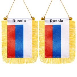 CANTENDO 2 Pack Russia Window Hanging Flag,Mini Russian people Car Flag with Pole Tassel Suction Cup Rearview Mirror Decoration(3x5 Inch)