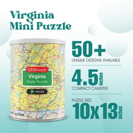 Geotoys Virginia Mini State Puzzle – 70 Piece Puzzles for Kids and Adults in Portable Can, 13" x 7" Educational Travel Puzzle for Ages 7 and Up – Mini Puzzles to Learn & Explore Geography