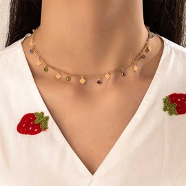 Inilbran Boho Crystal Tassel Necklace Choker Rainbow Crystal Dangle Necklace Rhinestone Fringe Necklaces Chain Tiny Square Dangle Necklace Jewelry for Women