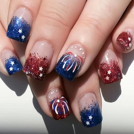 ONPRESS 24Pcs 4th of July Press on Nails Short Square Fake Nails with Firework Silver Star Design Independence Day Glue on Nails Red Blue Glitter French Tip Acrylic False Nails for Women Decoration