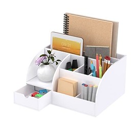 FEMELI Office Desk Organizer,Acrylic Desk Organizer with 8 Compartments +1 Drawer(White)