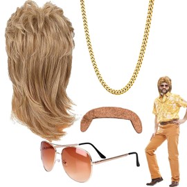 ZeYou Mullet Wig 80s 90s Outfit Accessories for Men, Set of 4 Blonde Wigs Sunglasses Necklace False Beard, Men's Costume for Carnival Cosplay Party