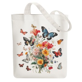 ANATTASOUL Canvas Tote Bag Butterfly Bouquet Reusable Cotton Bag for Women, Durable Cloth Shoulder Bags with Zipper Pockets for Shopping, Vacation, Work, Gym
