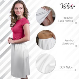 Valair Classic Short and Long Half Slip Skirt for Ladies and Girls - Slight Flair - Anti Static - Ranges 14" Till 34" Lengths White