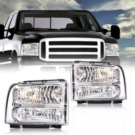 Headlights Assembly Front Headlamp Compatible with 1999-2004 Ford F250 F350 F450 F550 Super Duty/Fit 2000-2004 Ford Excursion Driver & Passenger Side Clear Lens Chrome Housing 1C3Z13008BA