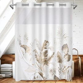 Wyljljy No Hook Shower Curtain Set with Liner, Boho Botanical Shower Curtain, Double Layers Waterproof, Brown Tan Tropical Modern Bath Curtain for Bathroom, Hotel, Leaf Pattern, 71"X74"