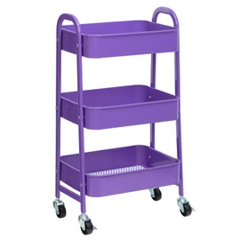 AGTEK Makeup Cart, Movable Rolling Organizer Cart, 3 Tier Metal Utility Cart with Lockable Wheels for Home & Office, Violet