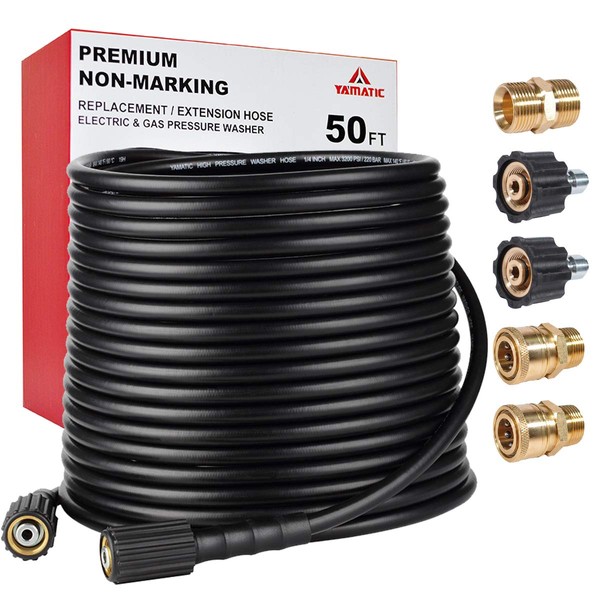 YAMATIC Pressure Washer Hose 50 FT 1/4" Kink Free M22 14mm With 3/8" Quick Connect Power Washer Hose Replacement for Ryobi, Troy Bilt, Greenworks, Craftsman & More High PressureWashers, 3200 PSI