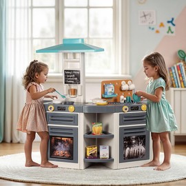 DOLU: XL Kitchen Set - Green-Yellow-Gray - 37pc Toy Cooking Center, Sounds Stove-Oven-Dishwasher Appliance Pretend Play, Dish-Food Accessories, Kid 3+