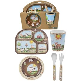 Childrens Dinner Set 4 Piece Dinner Set Bowl, Fork, Spoon, Plate and Cup Made from Recycled Materials HTUK (Farm)