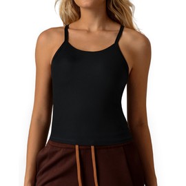 Luvrobes Sleeveless Tops for Women, High Neck Spaghetti Strap Tank Top with Built in Bra Seamless Yoga Workout Longline Bras Black