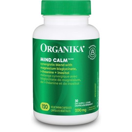 Organika Canadian-Made Mind Calm- with Magnesium Bisglycinate, L-Theanine, GABA, Inositol- Promotes Relaxation and Calm without Drowsiness- 120vcaps