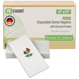 SimuLinen Double Rose Disposable Dinner Napkins with Pocket for Utensils, Decorative and Absorbent, Paper Napkins for Silverware, 17"x17", Box of 75