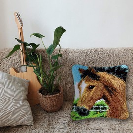 Coopay Latch Hook Set with Pillows, Pillowcase Set with Enough Wool for Beginners, Adults and Kids, Home Accessories, Wall Art, 43cm*43cm, Horse