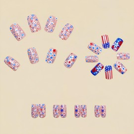 Matte Independence Day Press on Nails Medium Square Fake Nails Patriotic 4th of July Glue on Nail American Flag Flower Acrylic Nail for Women