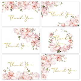 Whaline 36 Packs Floral Gold Foil Thank You Cards Watercolor Pink Flower Greeting Cards Blank Note Cards with Envelopes and Stickers for Wedding Baby Shower Bridal Shower Party, 4 x 6 Inch