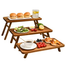 GEHE Foldable 3 Tier Serving Tray, Cupcake Stand for Party, Acacia Wooden Cupcake Tower Holder Set, Large Serving Platters, Decorative Dessert Table Display Stand Charcuterie Boards