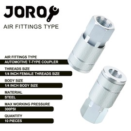 JOROY 1/4 Air Hose Fittings, 1/4 Inch Female Threads Size, Automotive T-type Coupler, Steel Material, 300PSI Max Working Pressure, 10 Pieces Air Compressor Accessories Set