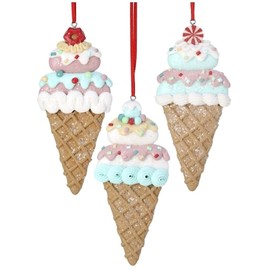 The Bridge Collection Pastel Ice Cream Cone Ornaments - Set of 3 - Festive Claydough Ice Cream Ornaments for Holiday Decor - Glittered Ice Cream Cone Christmas Ornaments