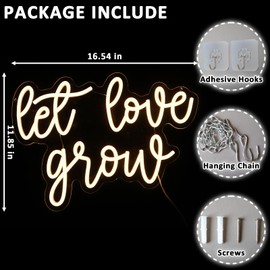 Folkive Let Love Grow Neon Sign for Wedding Dimmable Warm White 16.54 x 11.85" Led Sign for Bridal Shower Engagement Neon Light for Wedding Ceremony Succulent Bar Party Home Wall Art Bedroom Decor
