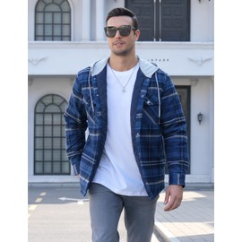 TACVASEN Men Flannel Shirt Jacket with Hooded Thicken Warm Quilted Lined Plaid Jacket Coat Button Up Hoodie Flannel Shirt Navy
