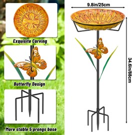 FaloStwer 35In Metal Bird Bath for Outdoors, Easy to Clean Birdbaths with Removable Bowl Stable Upgrades Stake, Freestanding Bird Baths Feeder Bowl for Outdoors Garden Patio Yard Lawn Decor (Yellow)