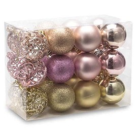 AUXO-FUN 2.36"/60mm shatterproof Christmas Ball Ornaments Tree Decoration Baubles Set of 24 Counts (Champagne，Queen Pink & Gold)